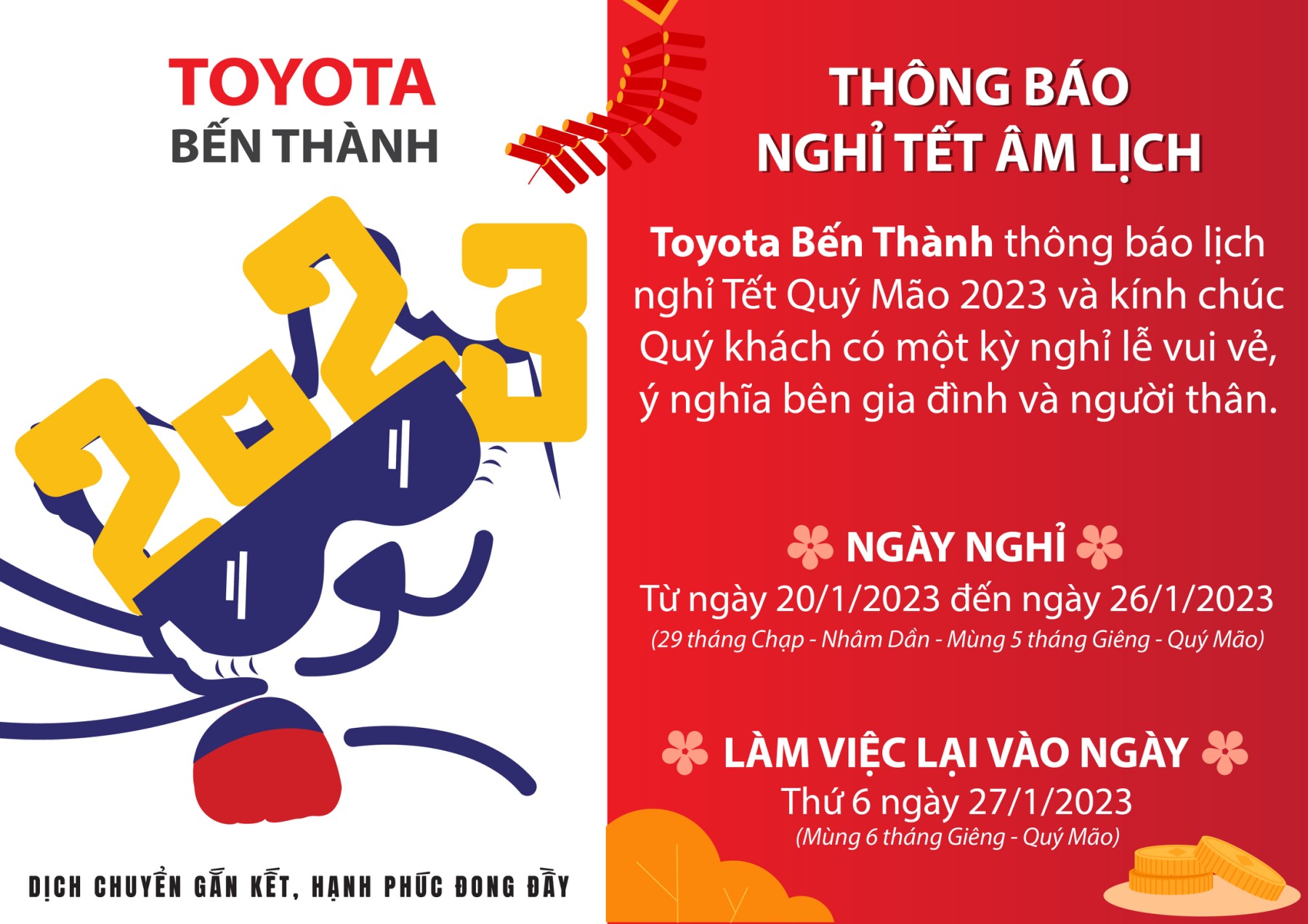[TOYOTA BẾN THÀNH - THÔNG BÁO NGHỈ TẾT NGUYÊN ĐÁN 2023.]