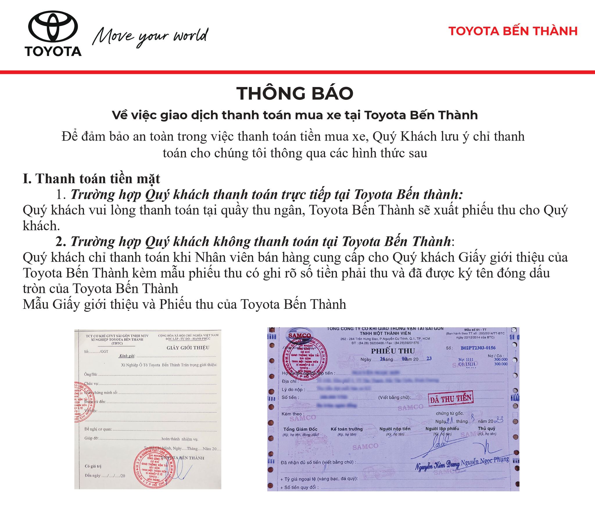 Thông báo việc chuyển tiền đúng số tài khoản của công ty