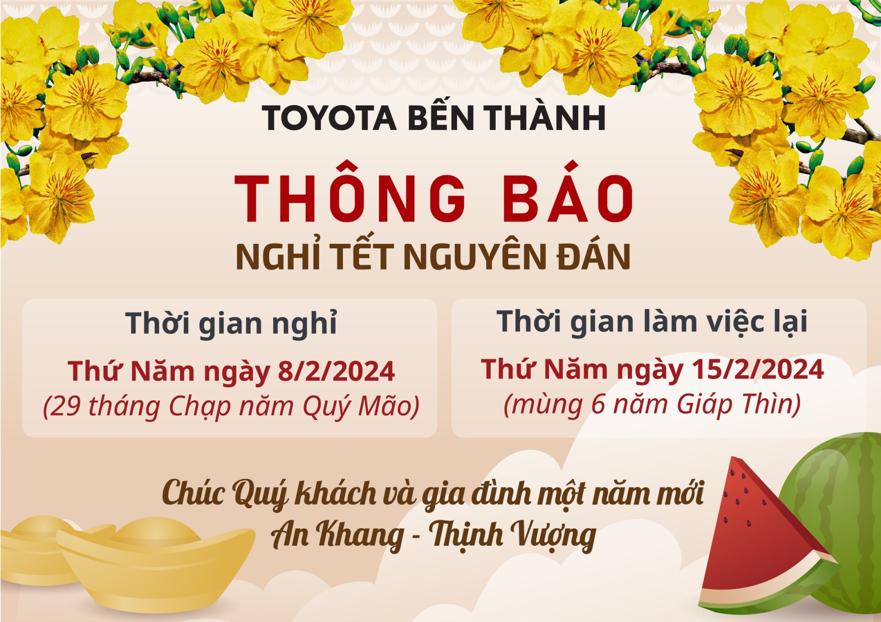 TOYOTA BẾN THÀNH - THÔNG BÁO NGHỈ TẾT NGUYÊN ĐÁN 2024.